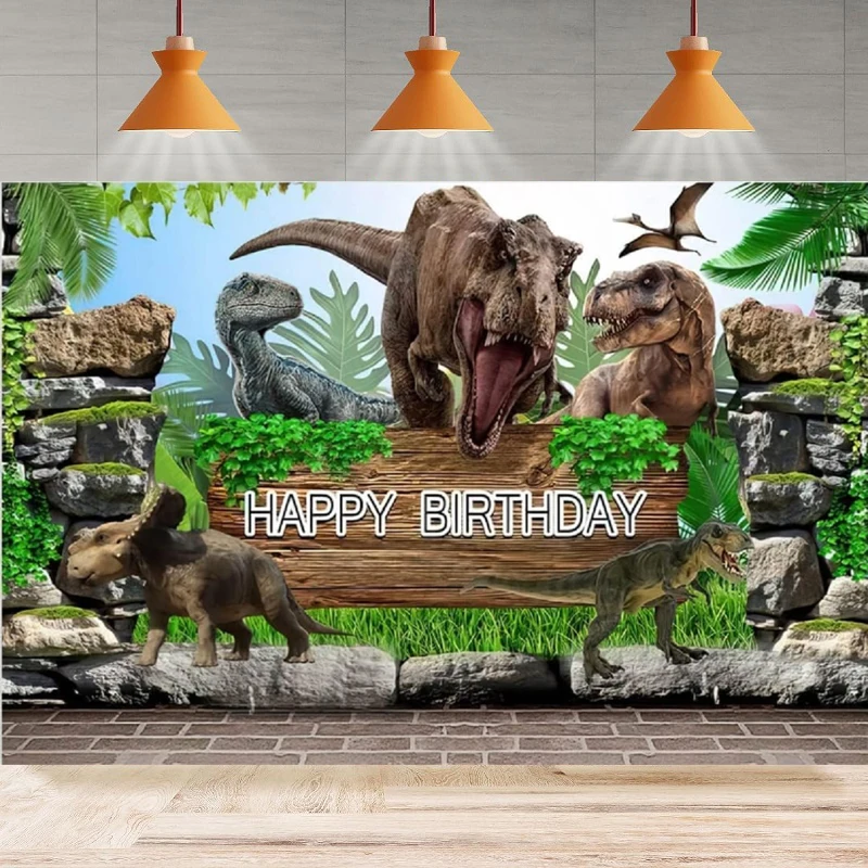 Dinosaur Photography Backdrop Boys Tropical Jungle Happy Birthday Background Kids Baby Shower Party Backdrop Wall Banner Decor