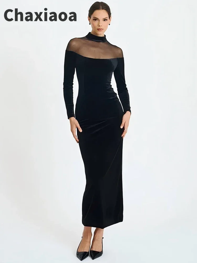 Chaxiaoa – robe Maxi transparente, épaules dénudées, manches longues, Sexy, élégante, col mi-haut, dos nu, moulante, robes de soirée en boîte de nuit
