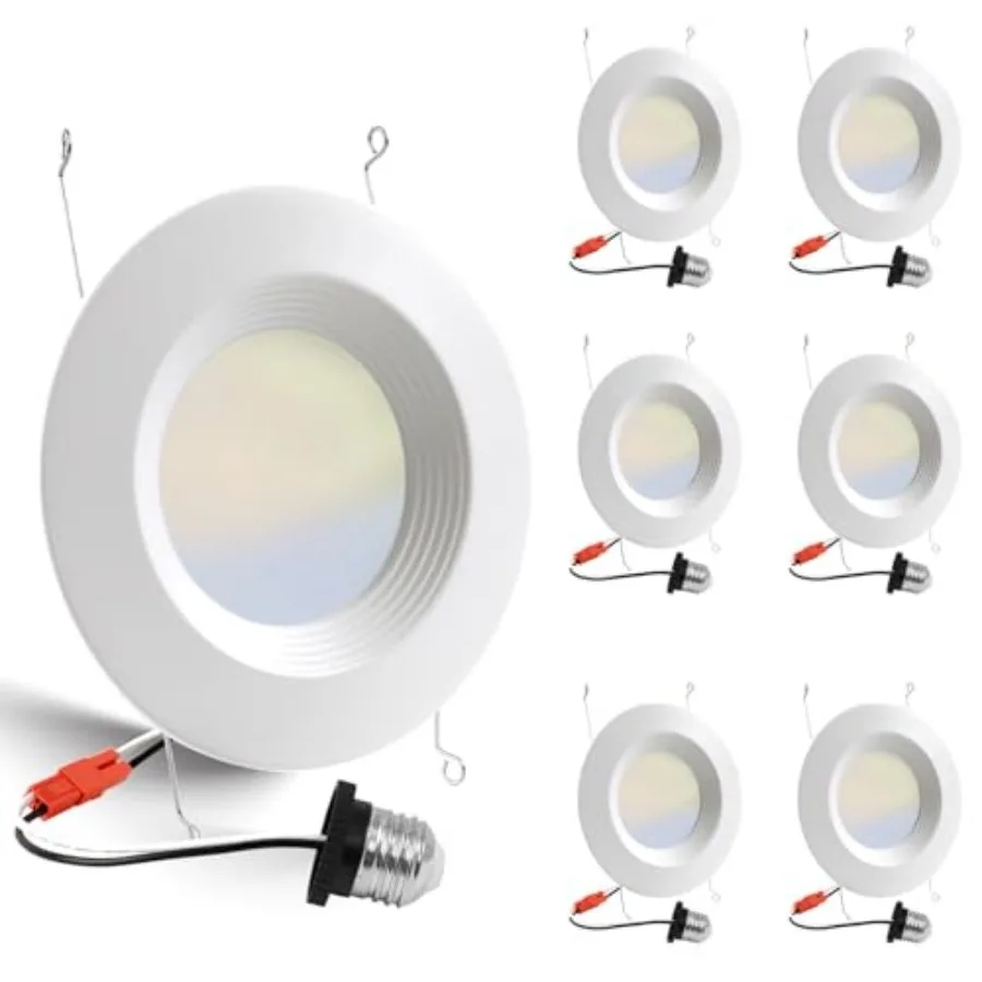 6 Pack 5/6 Inch 5CCT LED Recessed Lighting Retrofit, 2700K/3000K/4000K/5000K/6500K Selectable, Dimmable Can Lights with Baffle