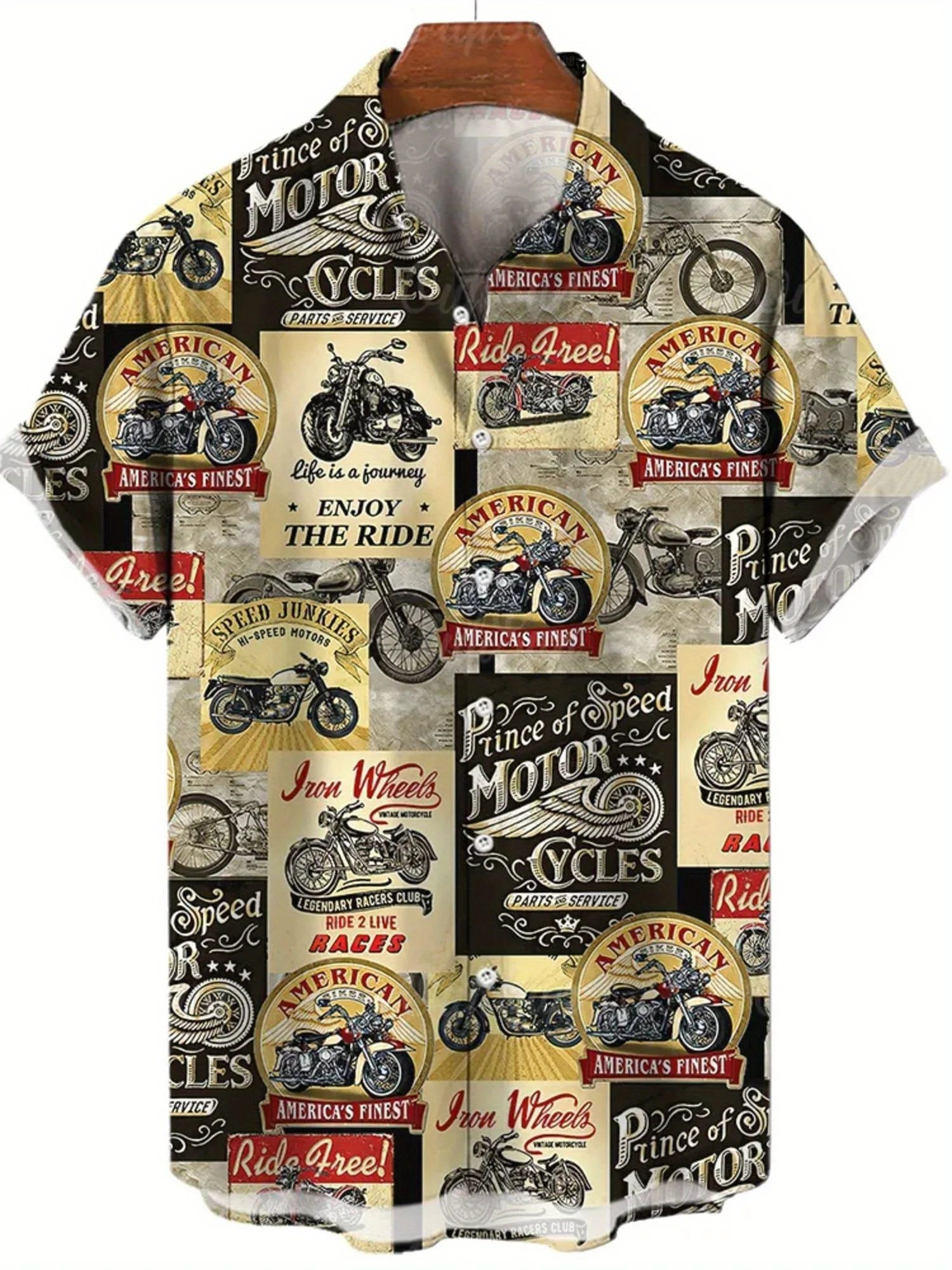 Men Short Sleeve Shirt Vintage Motorcycle Poster Print Turn‑Down Collar Button‑Up Beach Summer Top