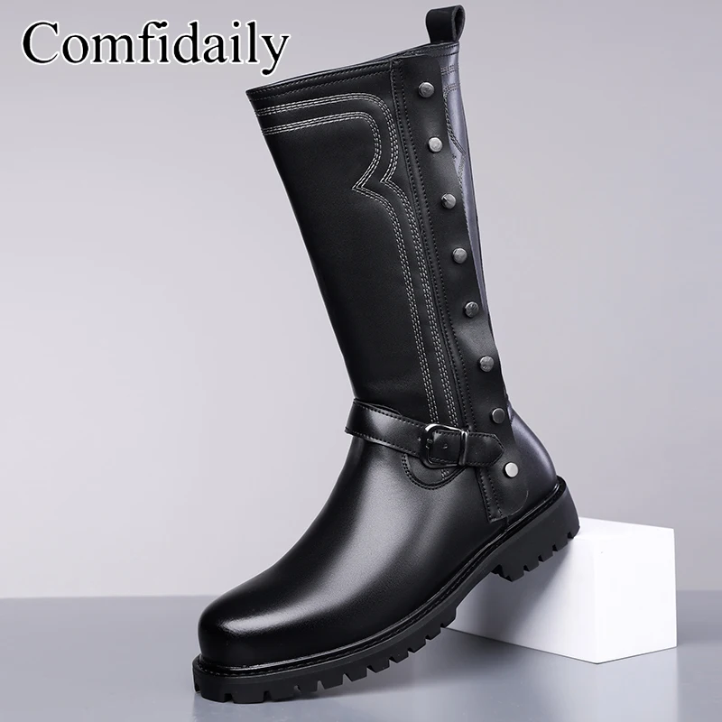 

High Cut Thick Soled Men Motorcycle Boots Embroidered Retro Style Breathable Exquisite Anti Slip Wear-resistant Knight Boots