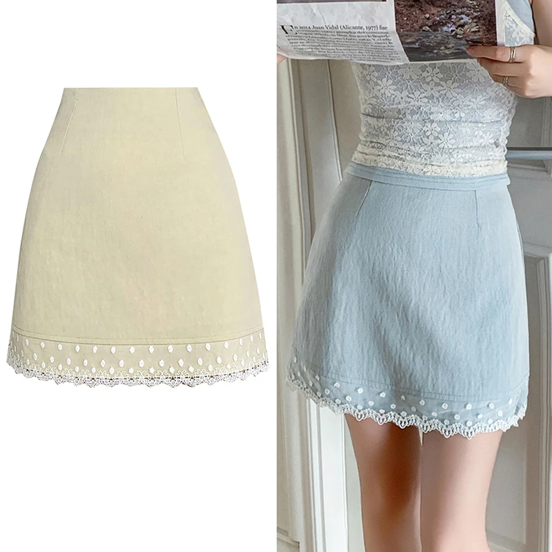 Fashion Summer Lace Mini Skirt Women High Waist A-line Splicing Bodycon Preppy Kawaii Skirts Woman Blue Black Yellow Jupe Short