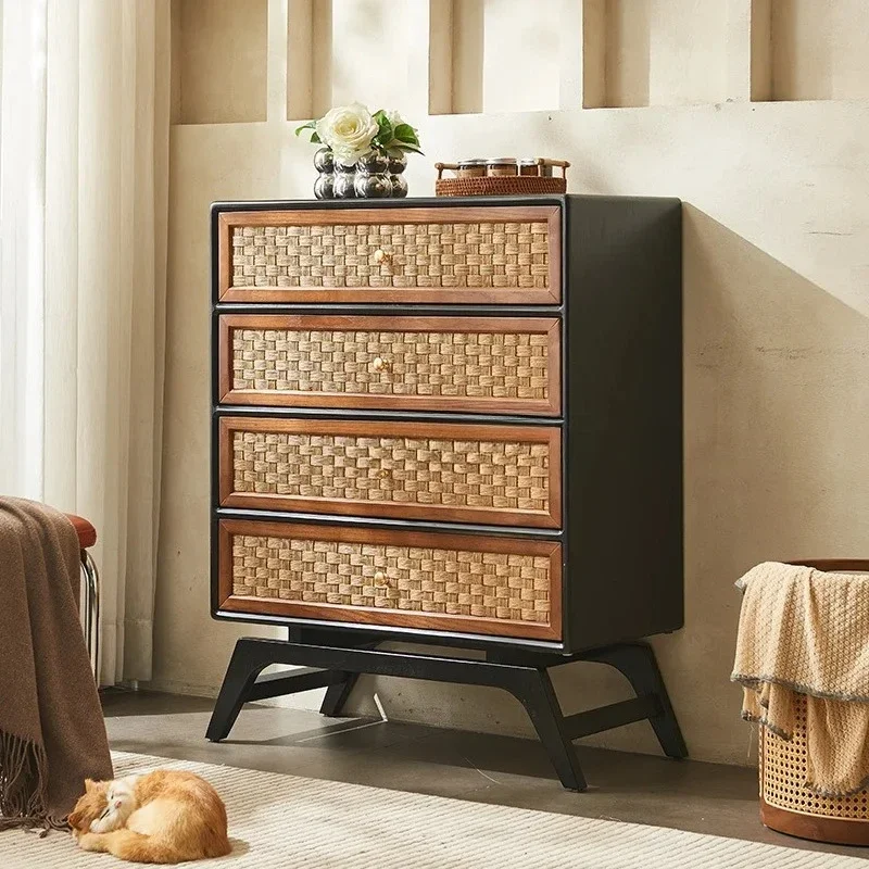 Solid wood rattan four chest cabinet simple modern medieval meal art side drawer storage cabinet