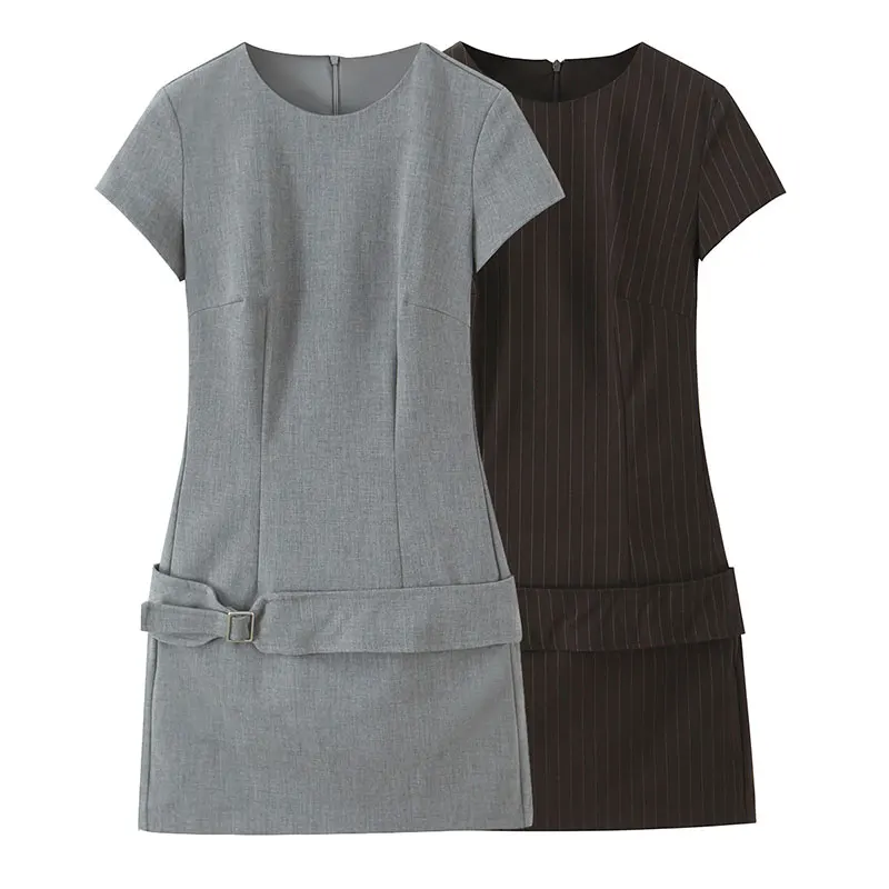 2025 تأثير التخسيس ربيع جديد وصول فستان نسائي مع حافر الحصان مشبك الخصر Cinching طول الركبة رقبة مستديرة كم قصير #1