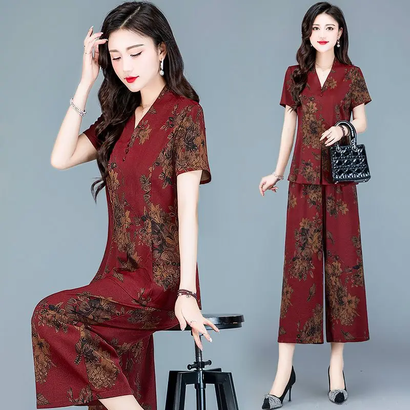 Women\'s Printed Casual Suit 2024 Summer New Style Loose Thin Close The Waist Corp Top And Wide Leg Pants Two Piece Set For Women