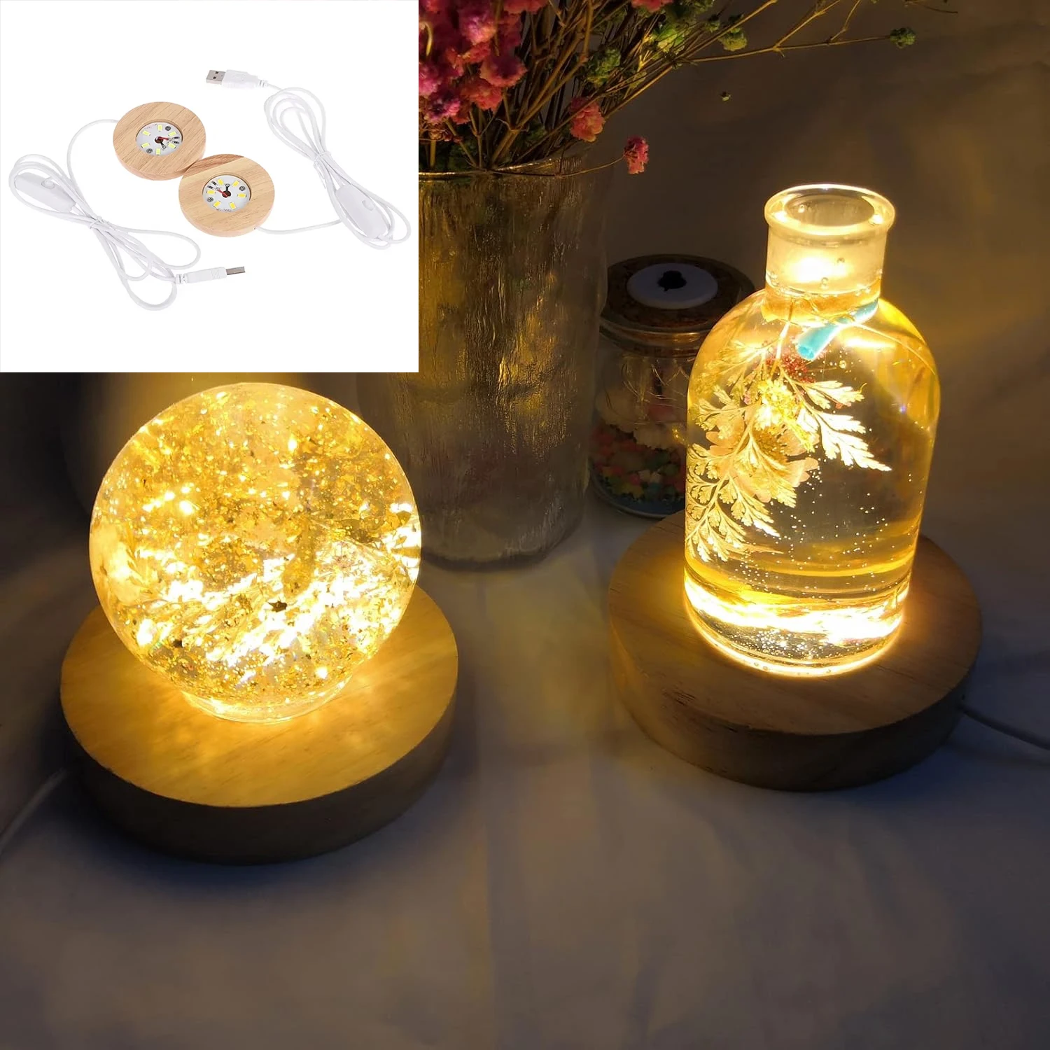 Led Usb عرض ضوء عرض موقف حامل مصباح مصباح الفن زخرفة الخشب سطح المكتب أضواء الزخرفية قاعدة مضيئة ضوء الليل خشبية #1