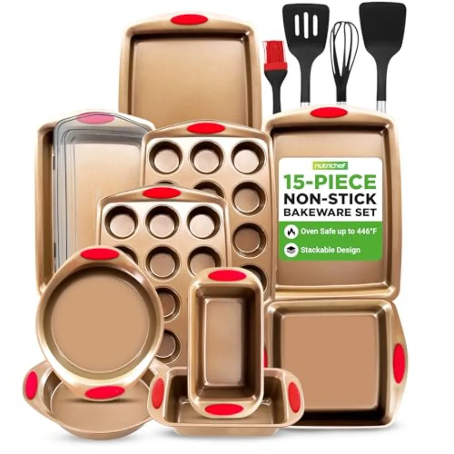 

15-Piece Nonstick Bakeware Set w/ Baking Utensils Premium Oven Safe Baking Pans with Silicone Handles Easy Clean Dishwasher Saf