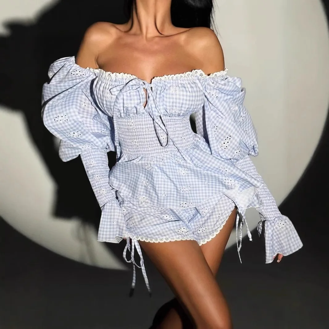 

Spring/Summer 2025 New Product - Sweet Patterned Shoulder Women's Dress Set with Flared Sleeves - Two-Piece Set