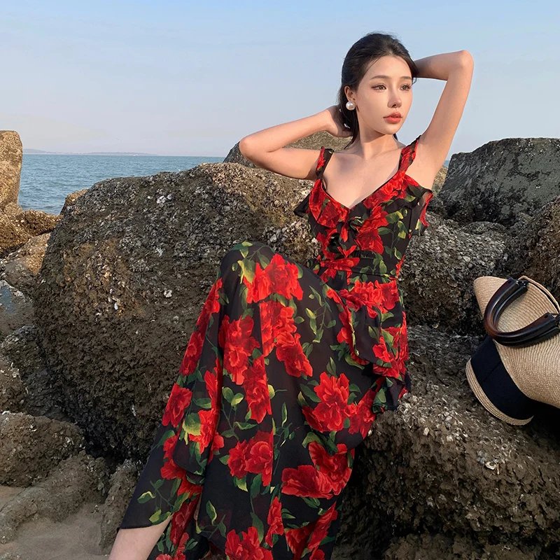 Spaghetti Strap Ankle-Length Dress Beach Vacation Style Rose Backless Slimming Beach Dress Flattering Dress