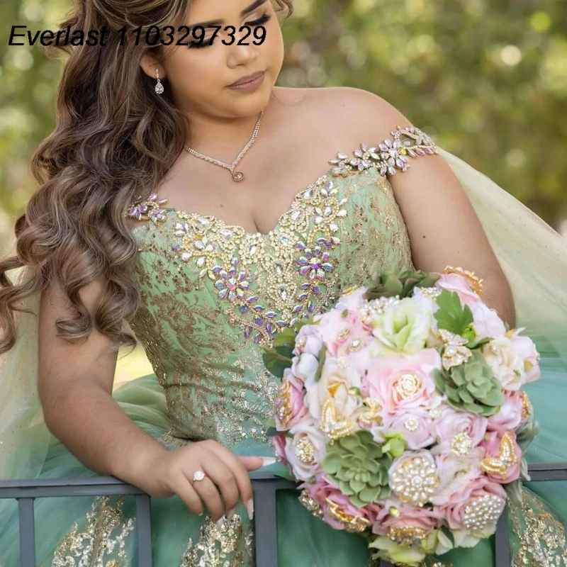 EVLAST-Vestido De quinceañera verde salvia mexicana, Vestido De baile, aplique De encaje dorado, cuentas con capa, dulce 16, 15 años, TQD900