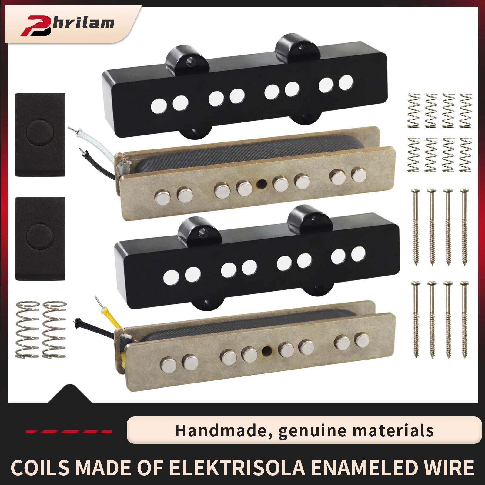 PHRILAM Alnico5 Placa base de fibra gris Juego de pastillas de bajo de jazz de tono vintage para bajo eléctrico J-Bass de 4 cuerdas, negro