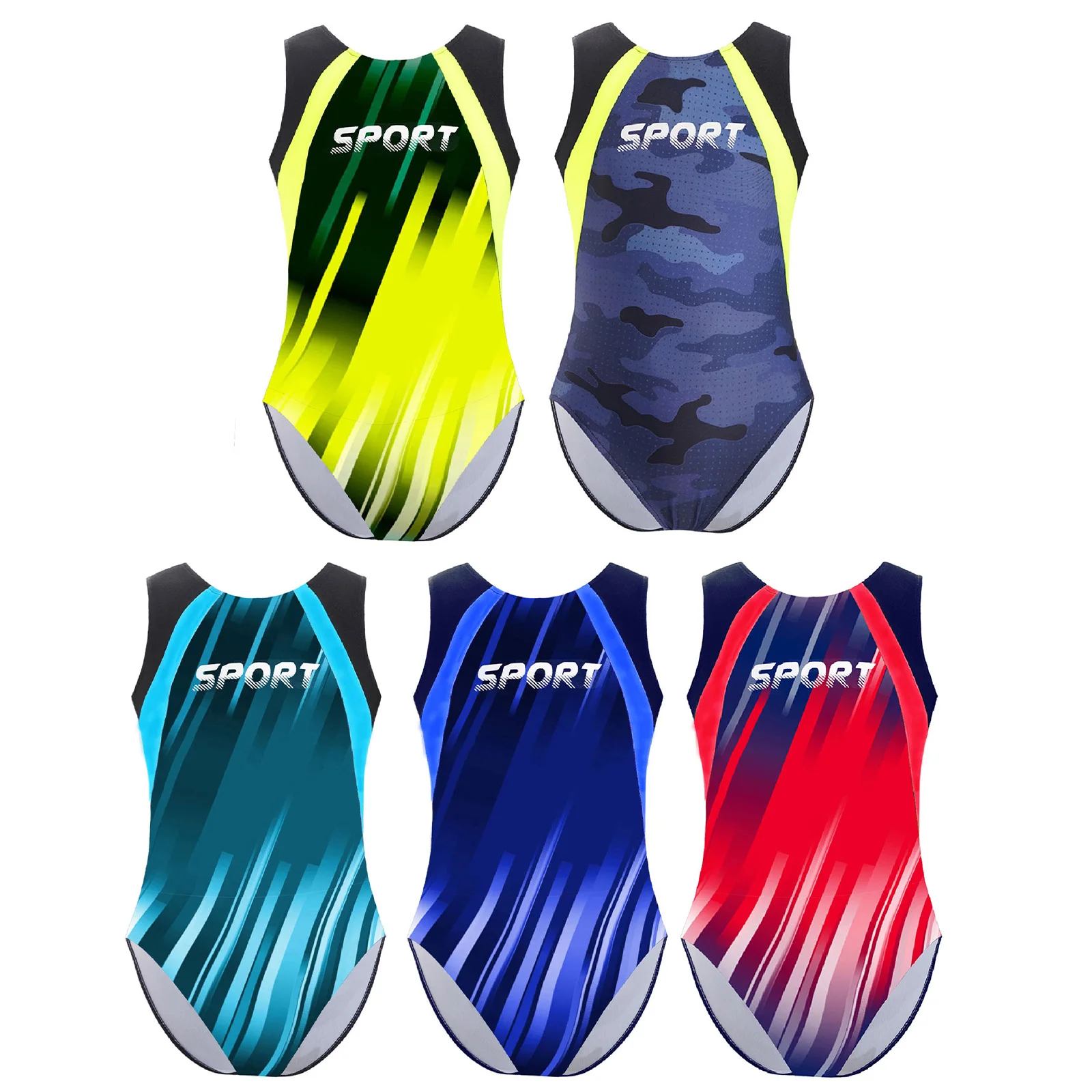 Boys Gymnastics Leotard Swimsuit Kids Training Outdoor Costume Sleeveless Striped Print Leotard Active Wear Swimwear Sportswear