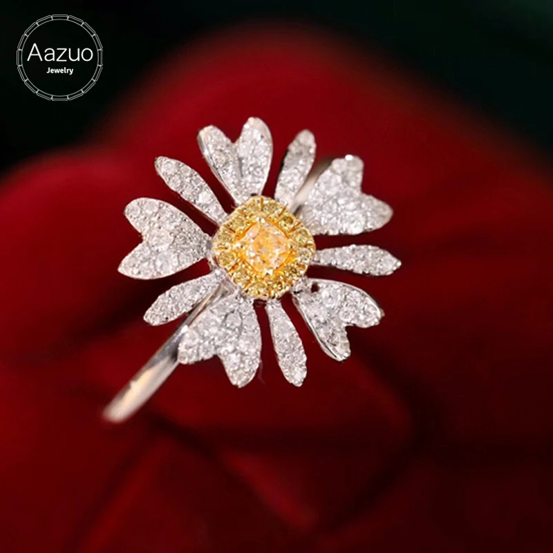 Aazuo Find Jewerly Yellow & White Diamonds 18K Solid Gold Flower Daisy Rings Upscale Trendy Senior Party Fine Jewelry Hot Sell