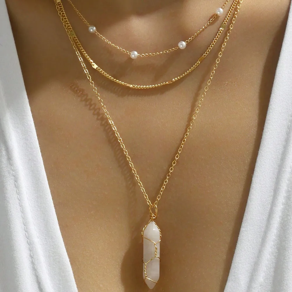 Multi-Layer Elegant Jewelry Pink Stone Drop Pendant Necklace Golden Color Unquie Women Fashion Necklace Wholesale N0518