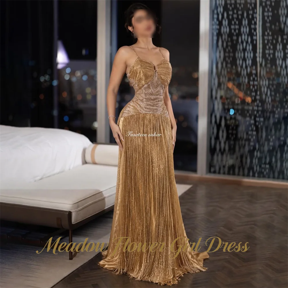 Meadow Golden Party Dresses Spaghetti Strap Sleeveless فساتين السهرة Beading On Chest Night Dresses Celebrity Dress Customized