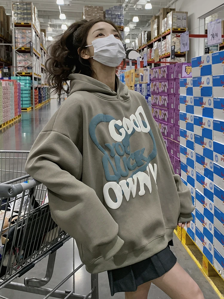 2024 Fall Winter Thick Warm Fleece Sweatshirts Women Long Sleeve Pullovers Hoodies Loose Casual Tops Hooded Letter Jumpers