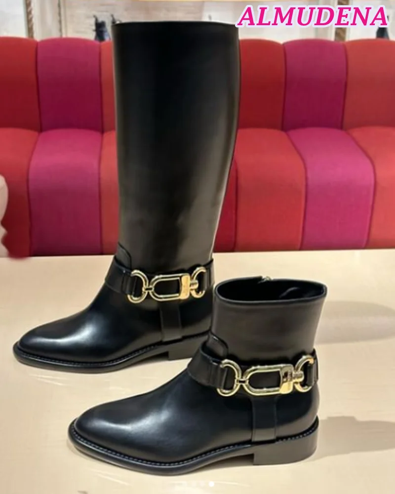 

2023 Winter New in Flat Metal Buckled Knee High Boots Black Real Leather Zip Ankle Boots Luxury Designer Soft Shoes for Women