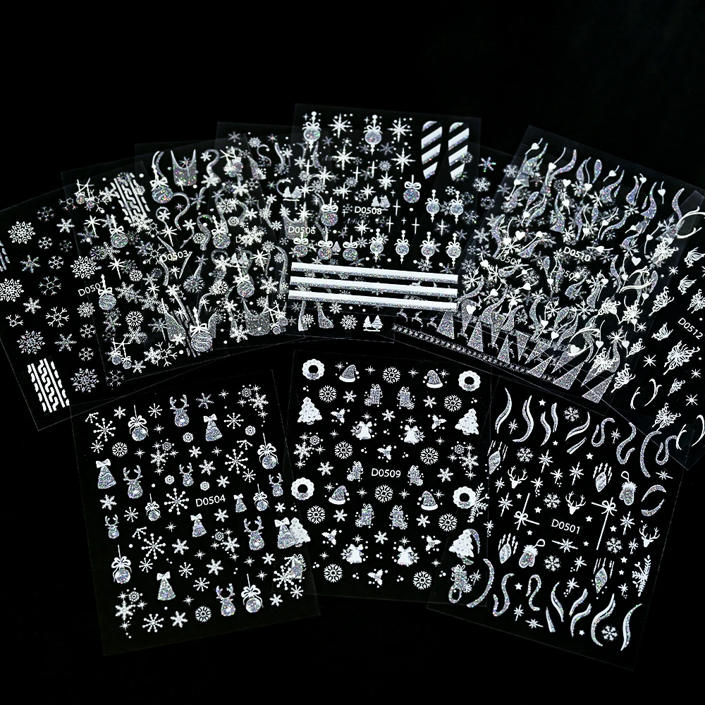 12Pcs 3D Glitter Silver Christmas Nail Stickers Snowflakes Elk XmasTree  Bell Nail Decals Winter New Year Nail Art Decorations 1