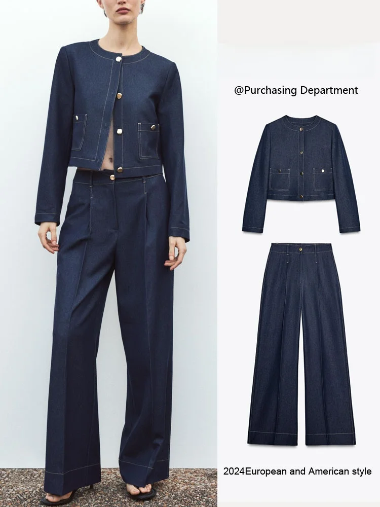 Spring New Arrival Women's Long Sleeve Jacket Simple Long Pants Fashion Set round Neck Button up Style ZA2025