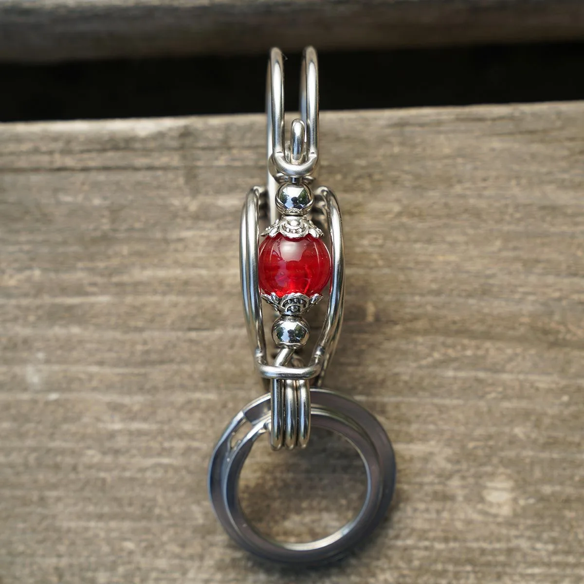 Stainless Steel Men Keychains, Machinery Street Style , 3 Layers Steel Wire Red Beaded Car Keyring,Outdoor Hook Buckle Trinket