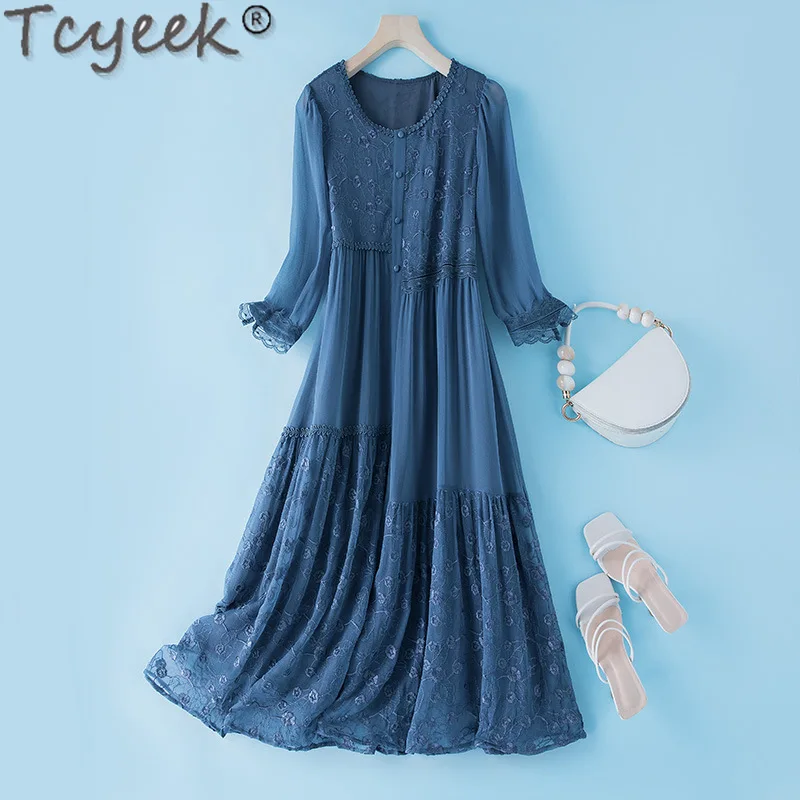 Tcyeek Spring Summer Dress 100% Mulberry Silk Elegant Dresses for Women High-end Real Silk Midi Dress Womens Clothing New Style