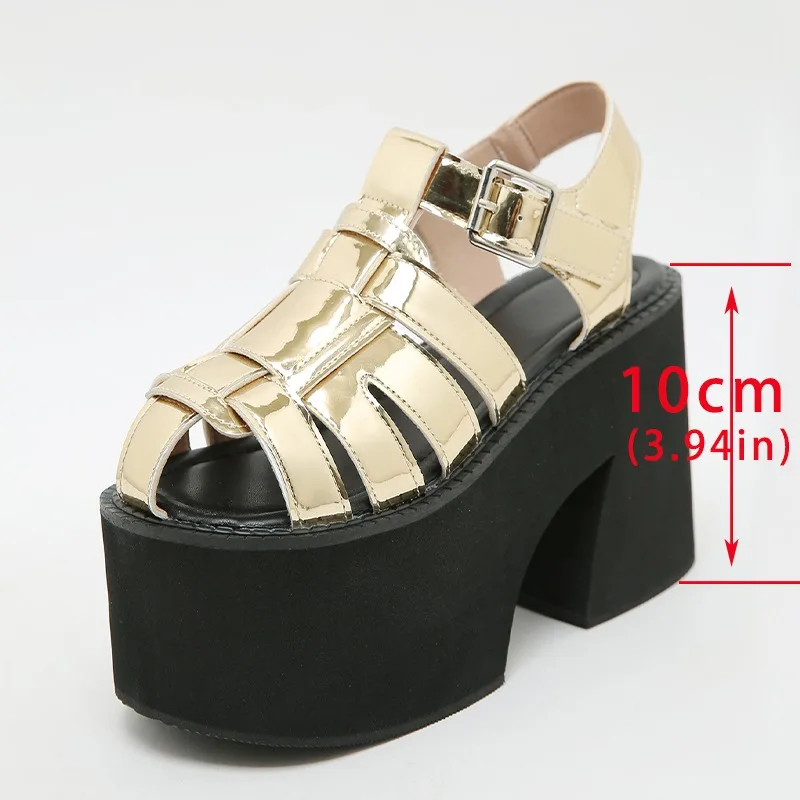 Sandales rétro à talons hauts dorés, grande taille 43, semelle épaisse de 10CM, chaussures de plage décontractées pour femmes, été