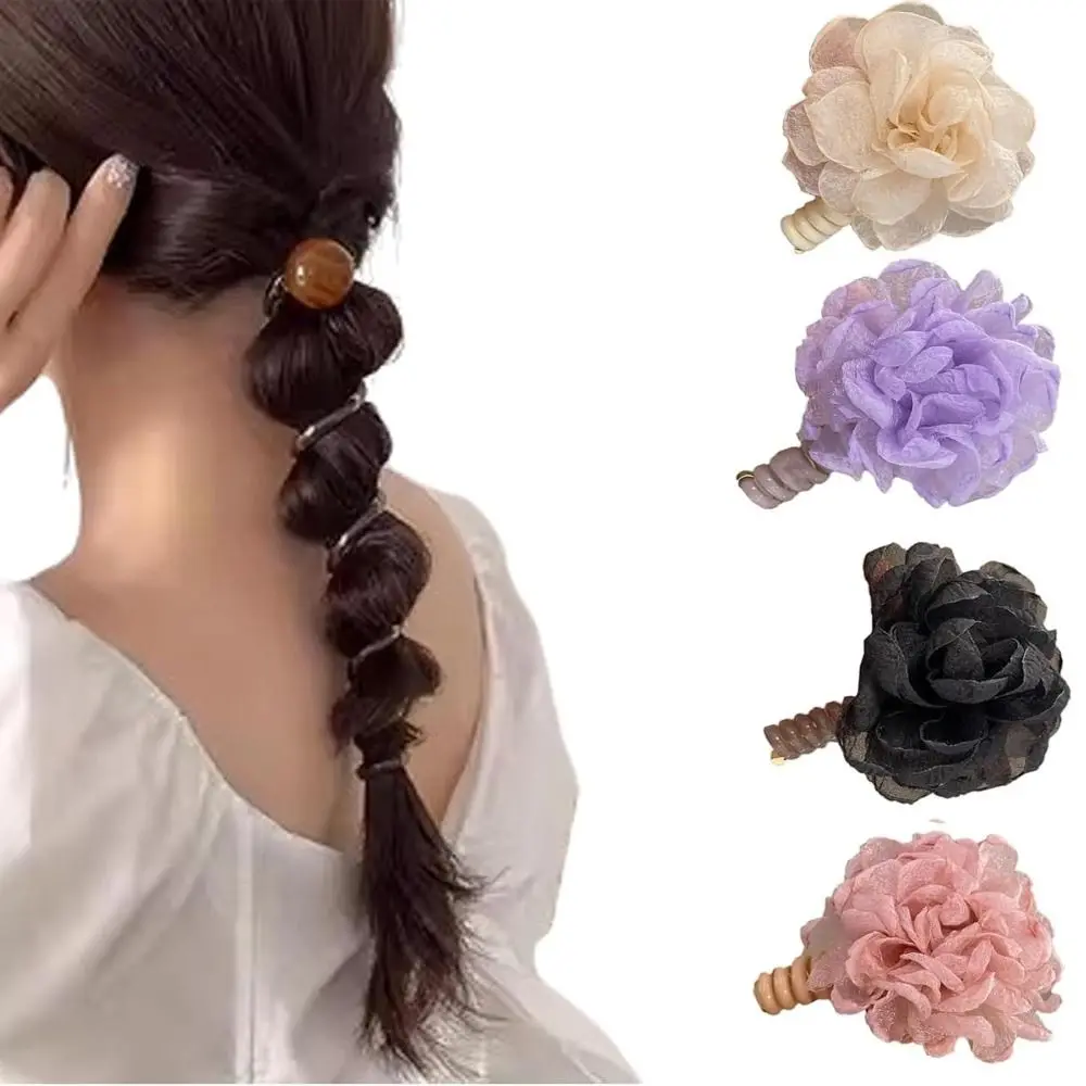 

Flower Spiral Hair Ties Soft Elastic No Damage Twisted Hair Wire Pearl Braided Telephone Elastic Spiral Hairs Ties for Women