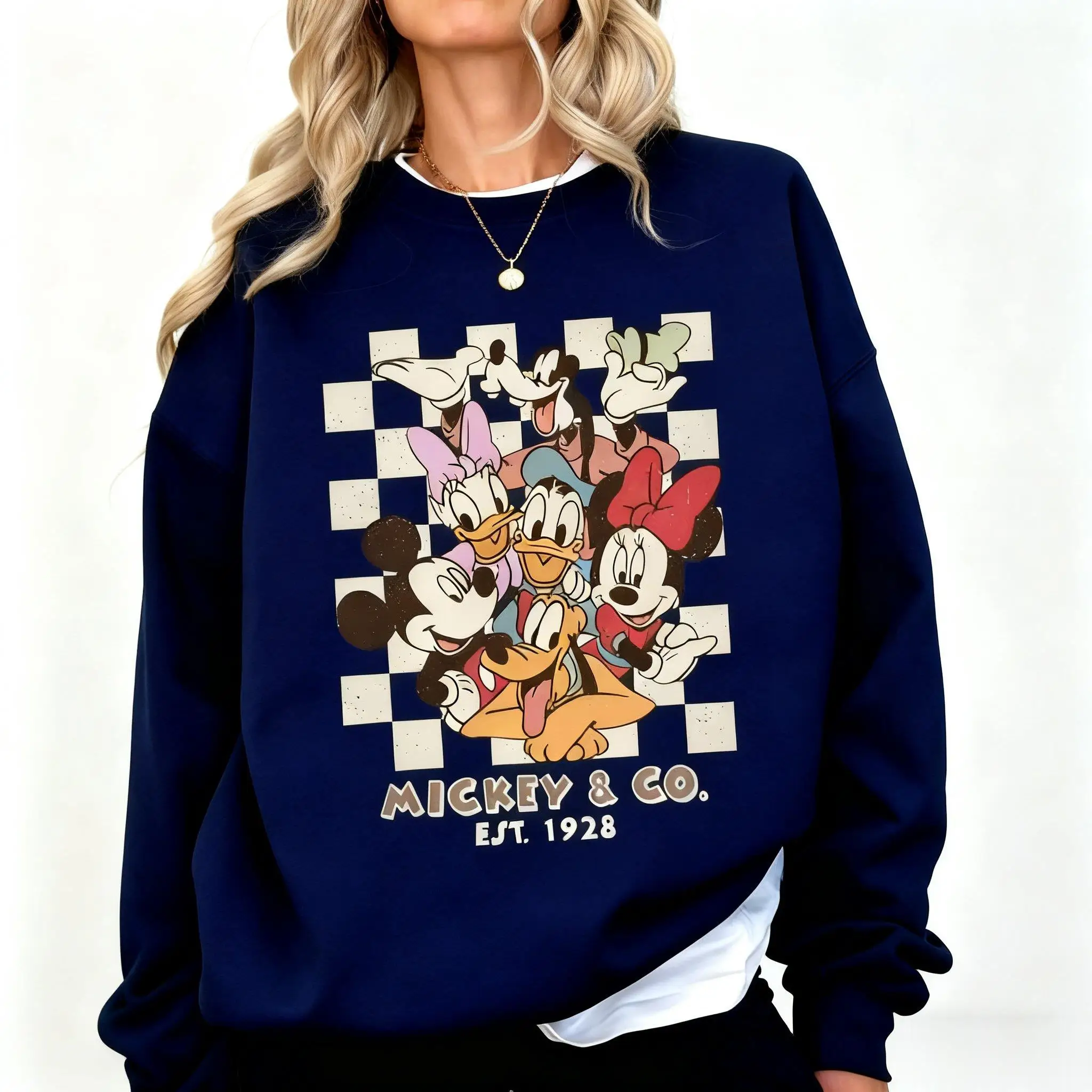 خمر ديزني ميكي ماوس Crewneck البلوز المرأة فضفاضة عادية كم طويل البلوز سترة الشارع الشهير الخريف الشتاء جديد