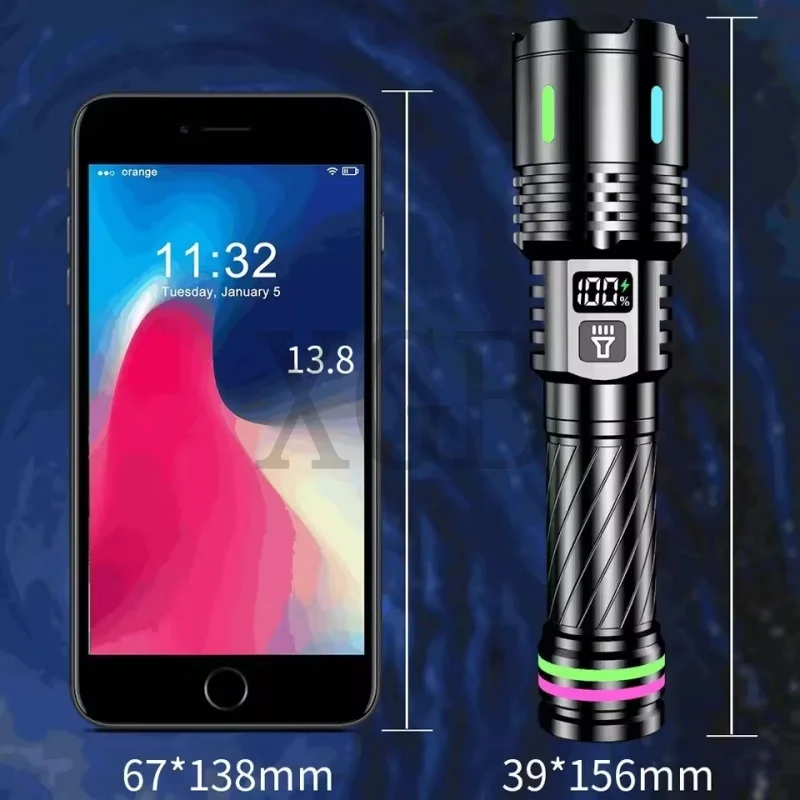 Lanterna LED recarregável ultra poderosa com bateria 18650 Tocha tática à prova d'água com zoom e display LCD de energia