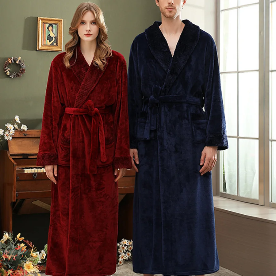 Couple Shower Peignoir Long Kimono Nightgown Flannel Sleepwear Warm Coral Fleece Bathrobe Gown Women Elegant Homewear Loungewear