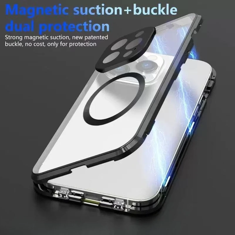 360 °   Vollständiger Schutz Metall-Magnetgehäuse für MagSafe iPhone 17 16 E 15 14 13 12 Pro Max Plus Doppelseitige Glas-Schnappverschluss-Hülle
