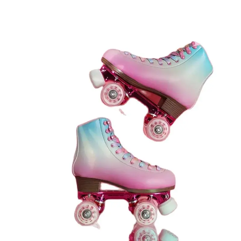 Pink Roller Skate Double Line Skates Womens Quad Skating Shoes Fashion Sport Patines Retro Sliding Boots Gears Large Size 34-48