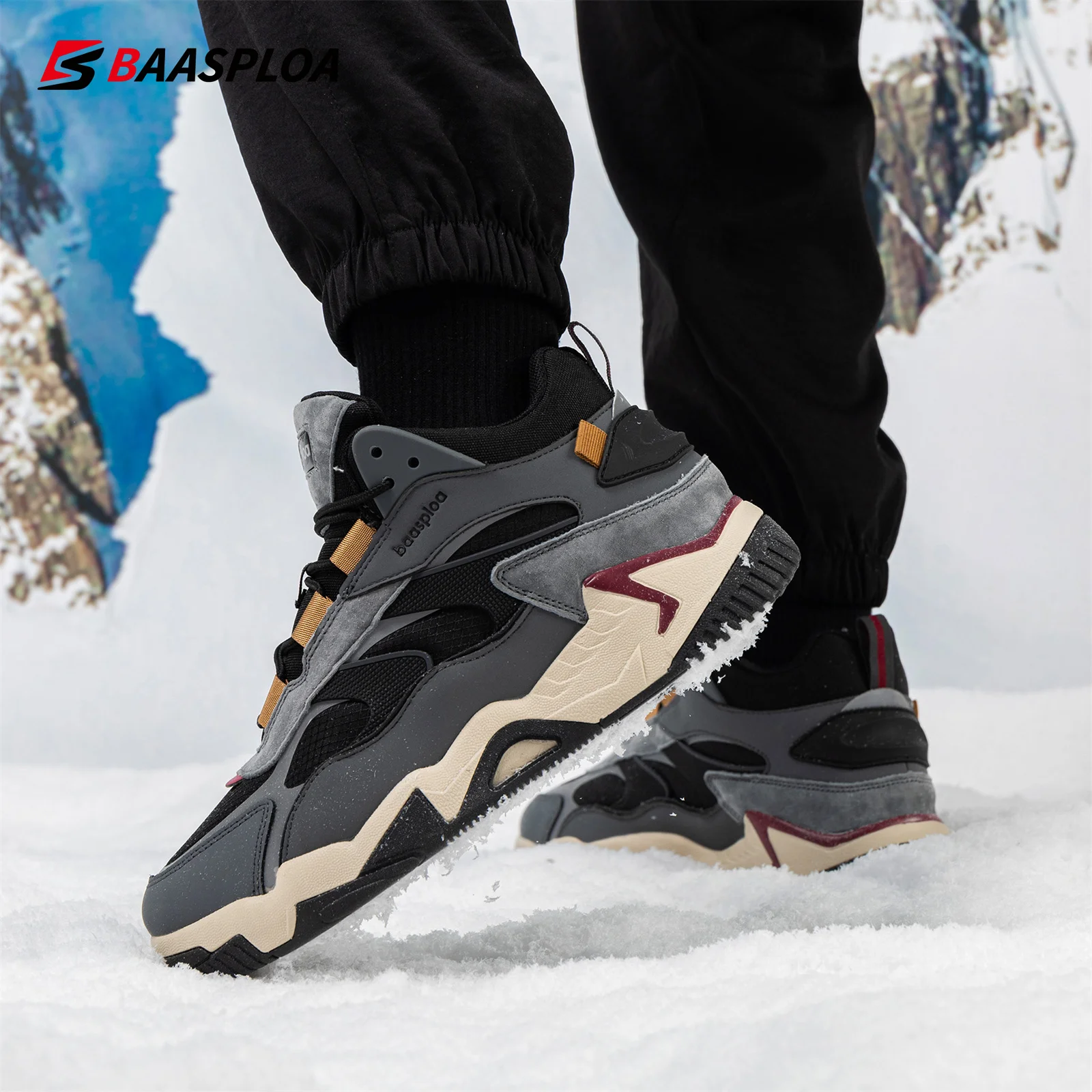 Baasploa Winter Men Leather Sneakers Casual Fashion Waterproof Sport Shoes For Man Plush Warm Male Sneakers Non-Slip Outdoor