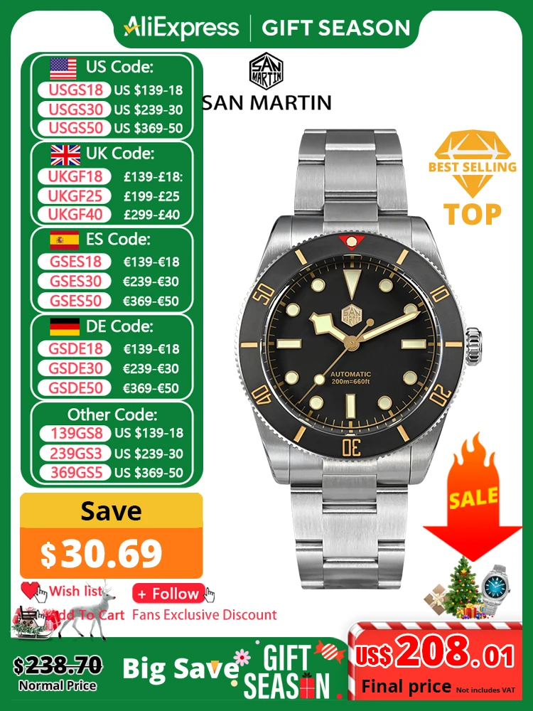 San Martin New 37mm BB54 Vintage Diver Watch NH35 Automatic Mechanical Men Wristwatches Sapphire Luminous Waterproof 200m SN0138