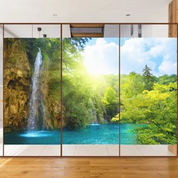Jungle Waterfall Pattern Glass Window Privacy Film Frosted Sun Blocking Static Clings Window Stickers Glass Door Stained Film