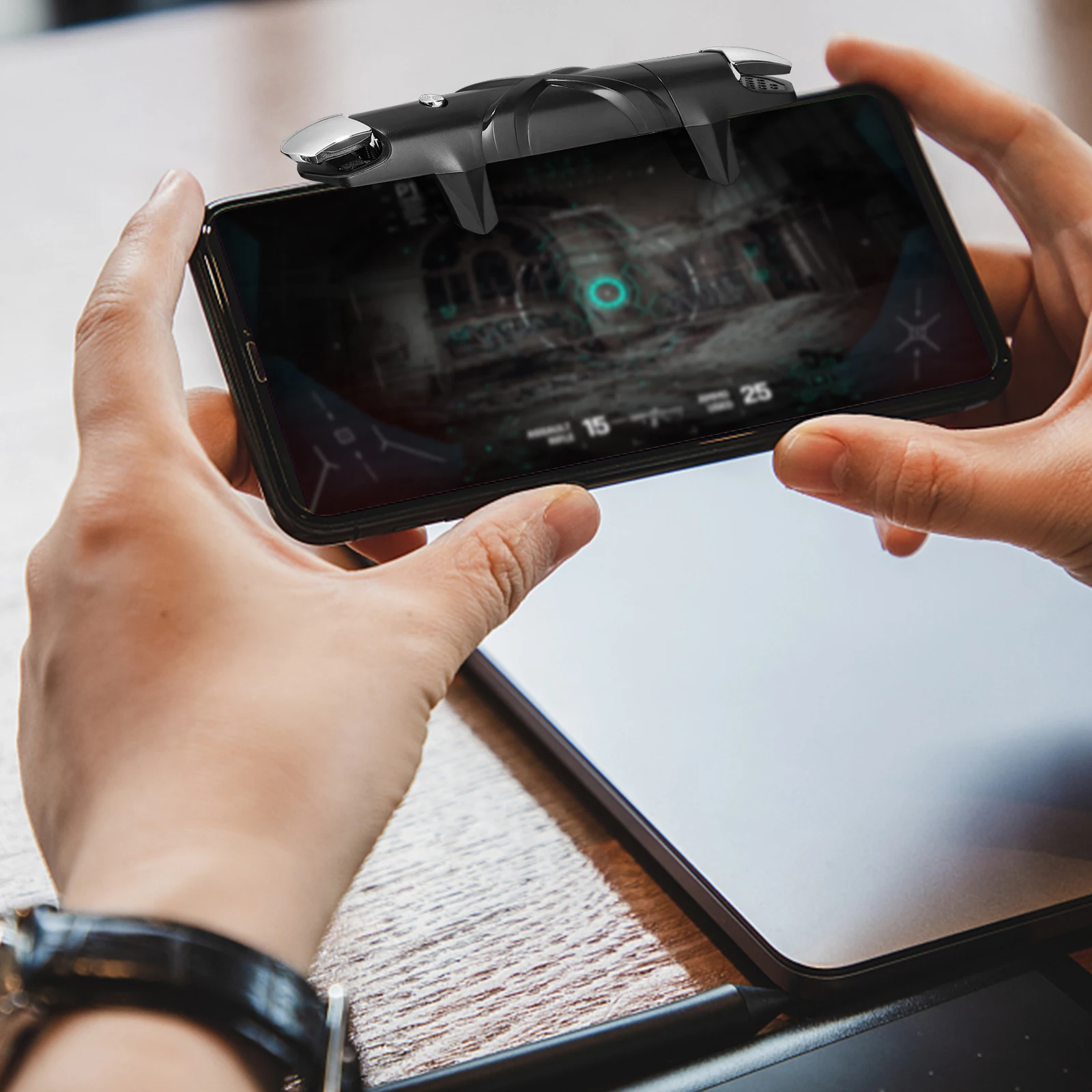

s Continuous Fire Button Mobile Gaming Triggers Adjustable Length Compatible Devices Game Controller Attachment Phone