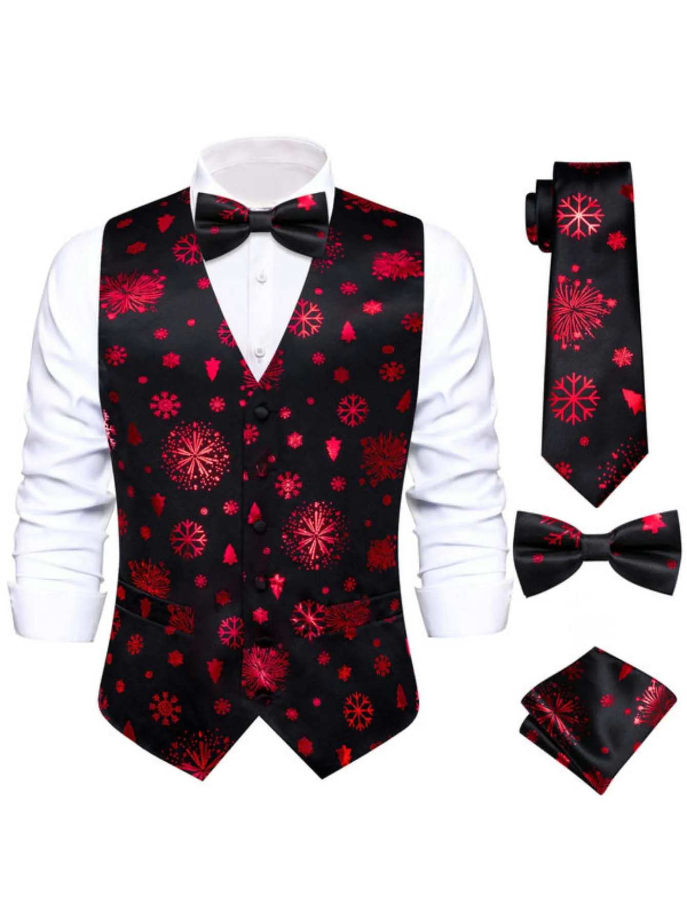 Men's Christmas Print Vest 4-Piece Set: Vest, Tie, Bow Tie & Pocket Square, Black, Red, Green for Holiday Parties