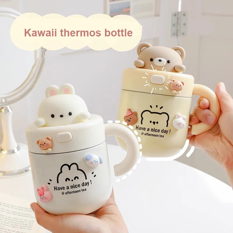 Cute Bear Coffee Tumbler Kawaii Thermal Mug With Straw Handle Stainless Steel Drinking Bottle Thermos Water Bottles Cup For Tea