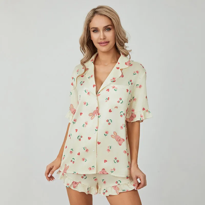 WPNAKS Women 2 Piece Pajama Set Summer Clothes Sleepwear Floral Bunny Short Sleeves Tops and Elastic Ruffled Shorts Loungewear