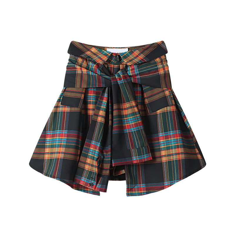 American Retro Fake Two-Piece  Skirt Women's High Waist Checkered Short Skirts Summer New Design Slimming Asymmetrical