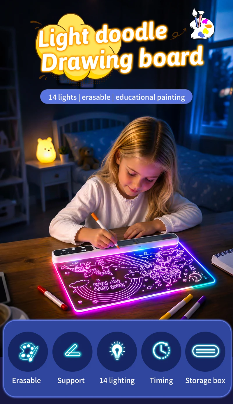14in LED Note Board Light Doodle Drawing Tablet for Kids Erasable Neon Writing Pad with Markers Timing Gift for Home Bar Decor ﻿