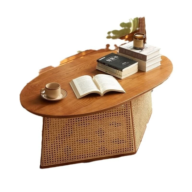 

Handmade retro coffee table living room household solid wood rattan oval designer creative simple modern small apartment