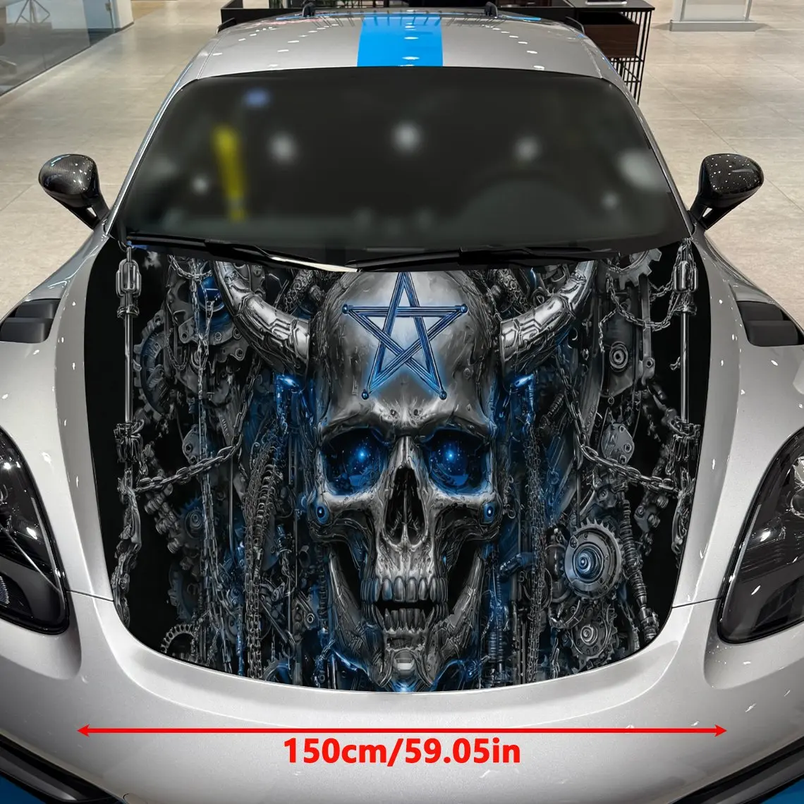 Cyber Mechanical Skull Car Vinyl Wrap, PVC Material Waterproof Car Hood Sticker, Self-Adhesive Scratch-Resistant Stickers for En