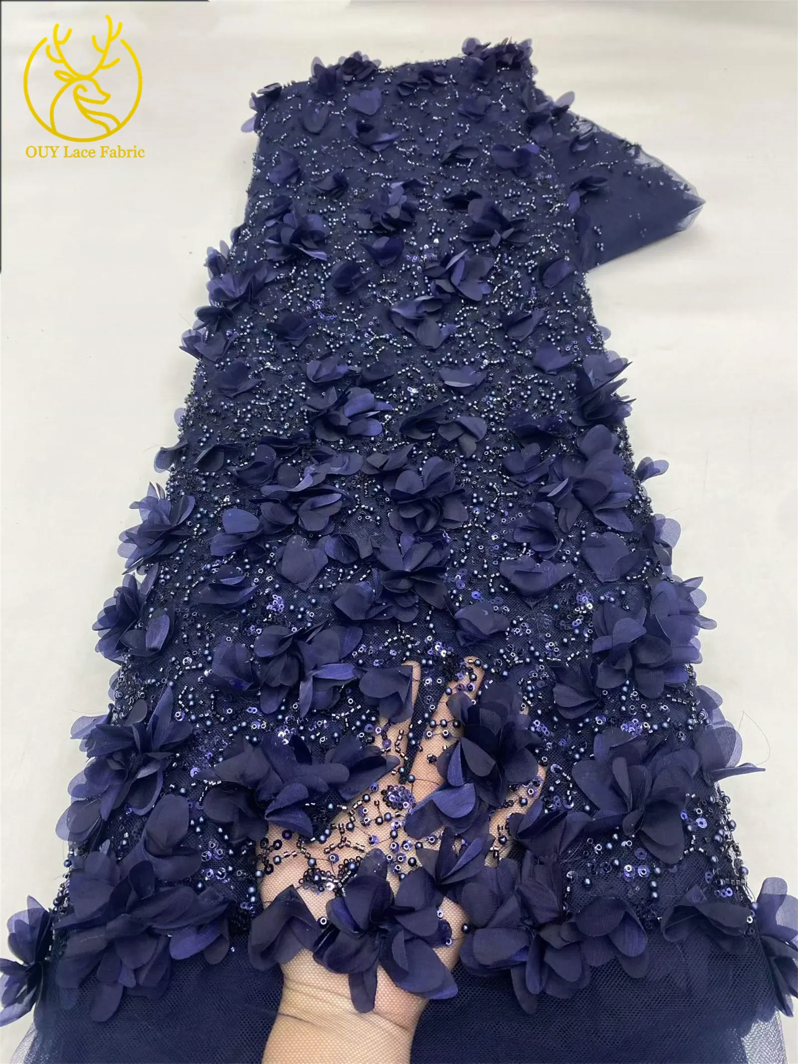 Afrikanischer Perlen-Pailletten-Spitzenstoff 2026 Schwarz 3D-Blumenstickerei Afrikanischer Spitzenstoff für Hochzeitskleid-Dekoration und Näharbeiten – Detail 19
