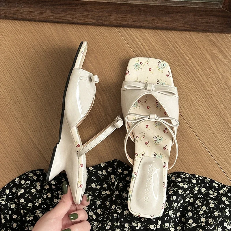 Flower Pink Bow Wedge Sandals for Women Slip On Shoes Wear Sandalias New Summer Mid Heels Slippers Square Head Open Toe Pumps view 5