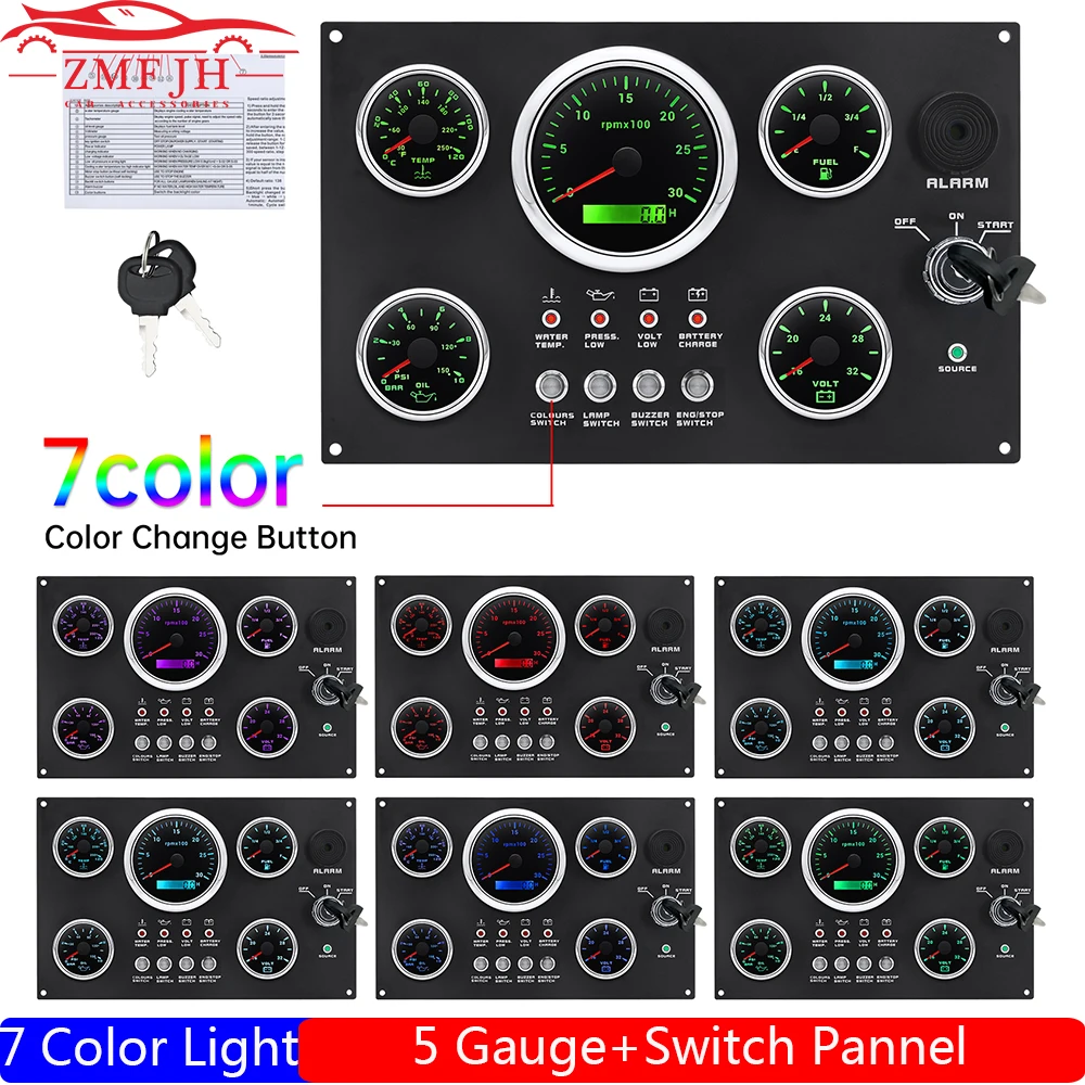 

5 Gauge Set with Switch Panel 85MM Tachometer+Oil Pressure Gauge+Fuel Level Meter+Voltmeter+Water Temperature Indicator for Car