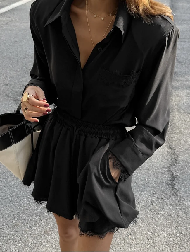 Csa Fena Casual de Manga Longa com Detalhes em Renda Estilo Hebe, Modelo Novo de Início de Outono, Saia em Patchwork, ...