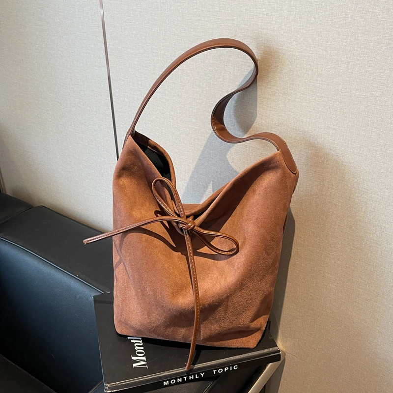 Autumn New Women Vintage Suede Bucket Bag Drawstring Bow Shoulder Bag Large Capacity Casual Daily Commute Crossbody Handbag