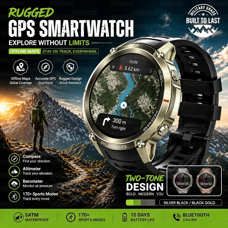 2026 Robuste GPS-Smartwatch für Herren Offline-Karte Kompass Höhenmesser Barometer 5ATM Wasserdicht 170+ Sportmodi Bluetooth-Anruf-Uhren