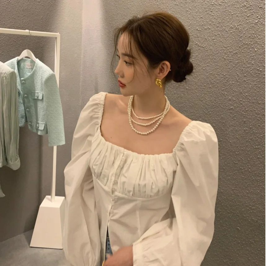Women's Long Sleeve Shirt Single Button One Shoulder Square Collar Design White Casual Fashion Premium Quality Ladies Blouse